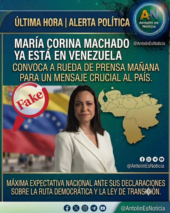 eldiario's tweet photo. #09Jul | El Observatorio Venezolano de Fake News (@ObservatorioFN) informó que es falsa la supuesta convocatoria a una rueda de prensa por el regreso al país de la líder opositora María Corina Machado.
Aunque la dirigente opositora manifestó recientemente su deseo de retornar a Venezuela, ningún medio de comunicación ni su organización política, Vente Venezuela, confirmaron tal información ni anunciaron un encuentro con los medios de comunicación.
La organización aclaró que la imagen que circula a través de WhatsApp forma parte de una serie de bulos y campañas de desinformación.
