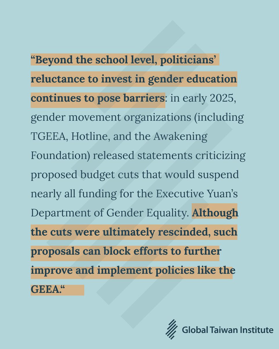 globaltaiwan's tweet photo. In our latest GTB, Juliet Paulson breaks down the milestones and pushbacks shaping Taiwan's gender equity education landscape after the passing of Gender Equity Education Act (GEEA) 20 years ago. 

➡️  Full article here:  https://t.co/adbMEhfIuE https://t.co/7lm3kKLX42