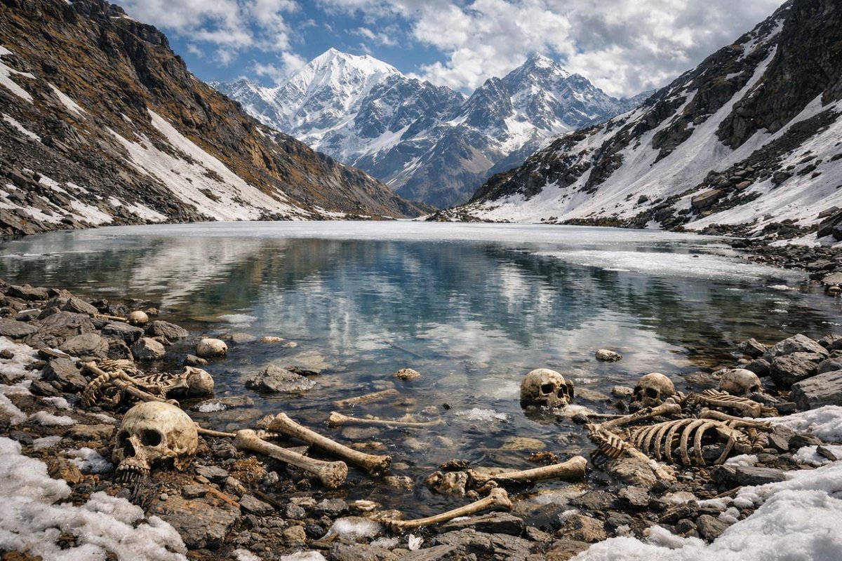 NevesMegha1's tweet photo. The Atlas Edit

Forensic Geomythology: Roopkund Lake
The human remains at Roopkund Lake in the high Indian Himalayas represent a classic case where bioarchaeology has solved an ancient mystery. For decades, local legends attributed the skeletons to a medieval royal procession that was struck down by the wrath of the mountain goddess Nanda Devi for defiling her sacred path.  
A 2019 genomic study of 38 skeleton samples extracted DNA from long bones, revealing that the remains belong to three distinct genetic cohorts who died in independent events separated by a thousand years:
