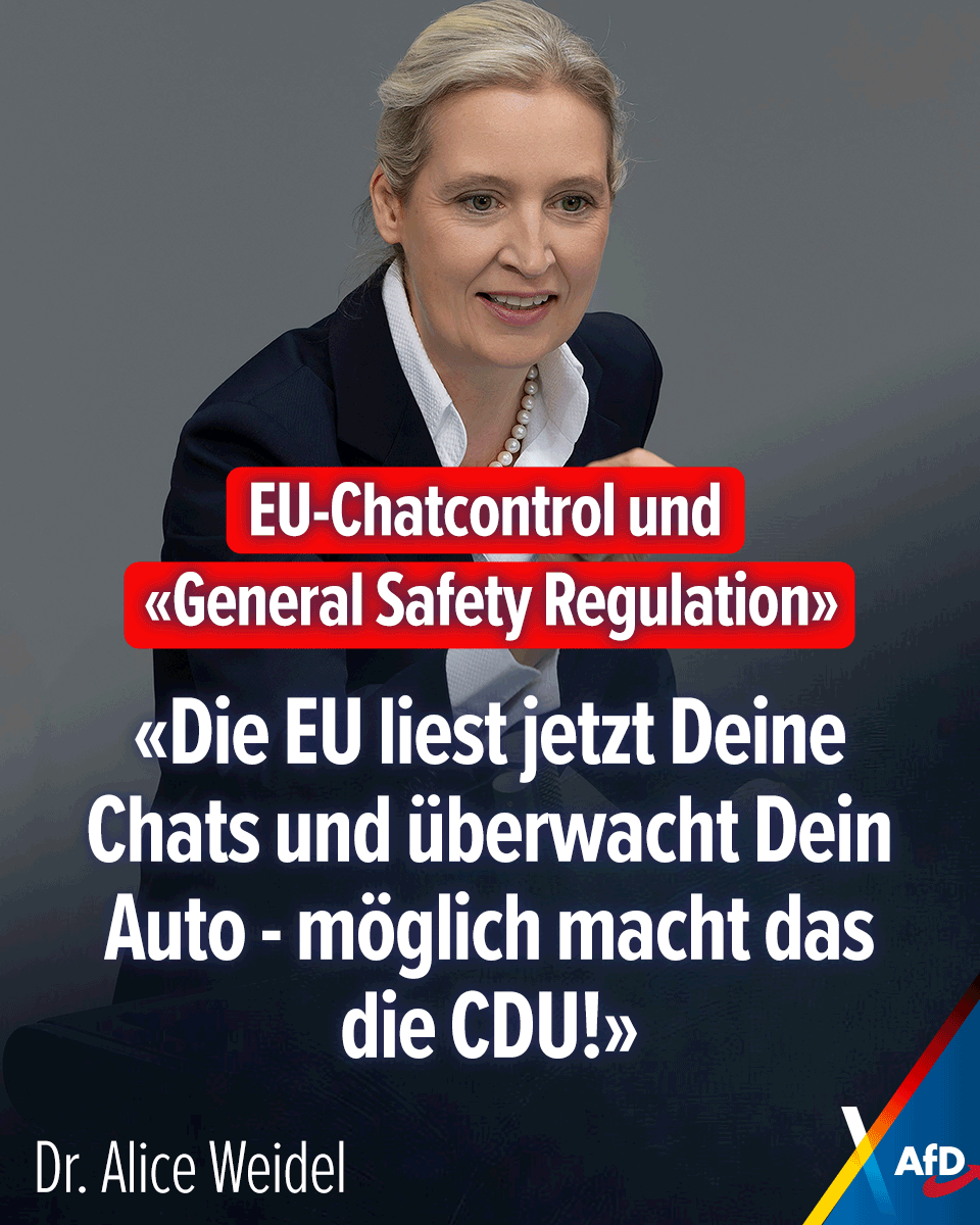 Alice_Weidel's tweet photo. Die EU liest ab sofort Deine Chats und überwacht Dein Auto: Möglich macht das die CDU, die vor allem im Falle der "ChatControl" behauptete, diese abzulehnen - um sie dann selbst durchs EU-Parlament zu peitschen. Ein schwarzer Tag für die Meinungsfreiheit und die Demokratie. https://t.co/v56tUWQf40