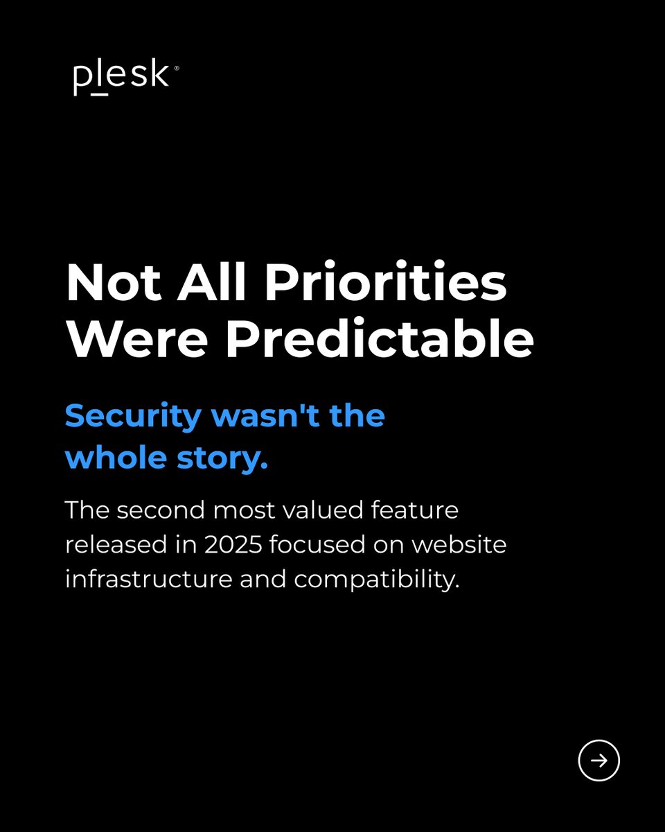 Plesk's tweet photo. Ready for a preview of the Plesk 2025 Annual Survey?
→ Security updates ranked highest among 2025 releases
→ Firewall &amp; brute-force protection topped the feature wishlist
→ Backup management remains a major priority
Full report coming soon, watch this space! https://t.co/YikZvB5Vli