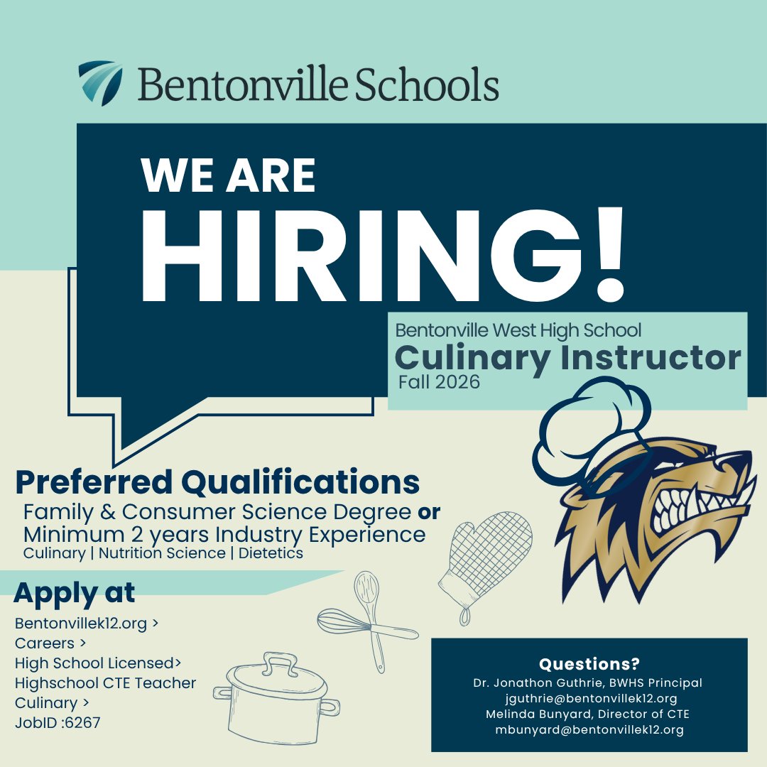 BWHS_Wolverines's tweet photo. We've got great things cooking at BWHS... will you join us? Now hiring a Culinary Instructor! Apply today at https://t.co/2yEt3blbe9 https://t.co/JnZLIvye0X