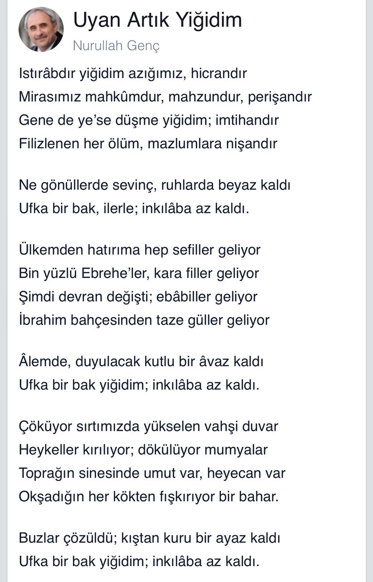 Bilabedel_2's tweet photo. Eklemeyi unutmuşum;

Şiir: UYAN ARTIK YİĞİDİM
Yazan: NURULLAH GENÇ

Kısa bir bölünü paylaştım, güzel bir şiirdir tavsiye ederim.
Aşağıda tamamını paylaşıyım kolaylık olsun. https://t.co/M19pkKwZWM