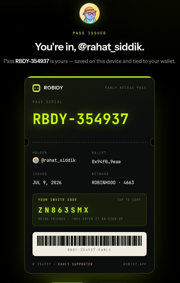rahat_siddik's tweet photo. @robidyapp "Registered! ✅ Excited to see what's being built on Robinhood Chain. Looking forward to the whitelist and the journey ahead. 🚀🔥

Use my referral code: ZN863SMX 🚀
Let's get whitelisted together! 🔥 https://t.co/Uo2yUE5P1y