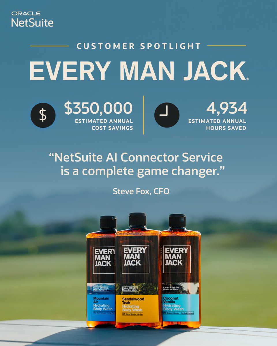 crystalm1313's tweet photo. With @NetSuite AI Connector Service, personal care brand Every Man Jack will save thousands of hours and hundreds of thousands of dollars. Ready to get started? https://t.co/KehhX6YmXN https://t.co/4BHOvm7tsr