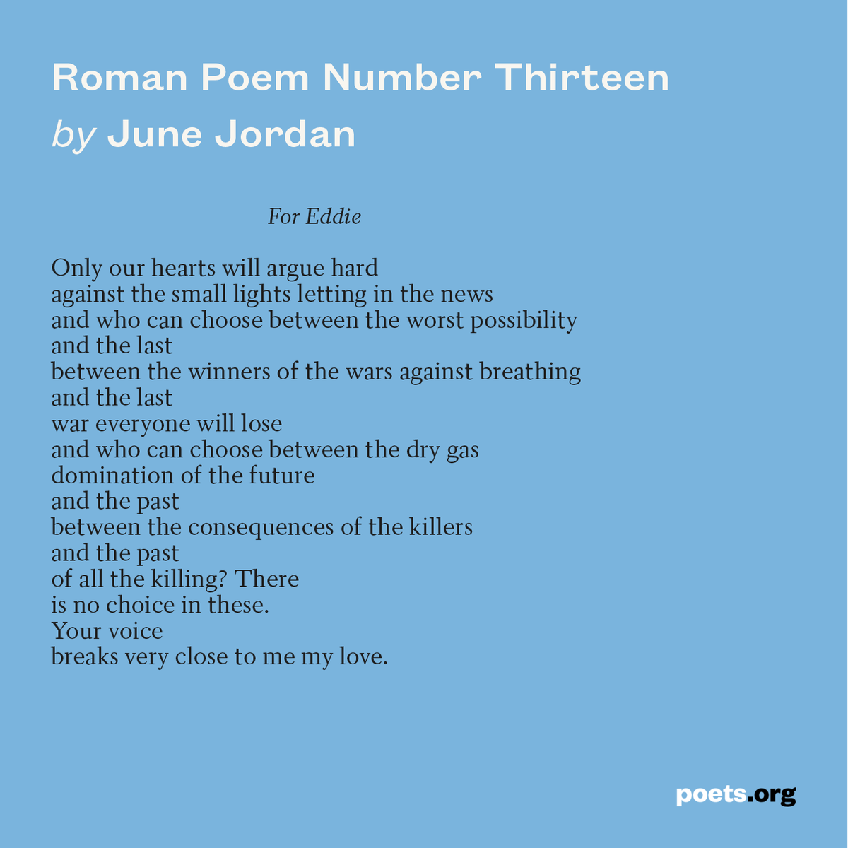 POETSorg's tweet photo. “Roman Poem Number Thirteen” by June Jordan, born #OTD in 1936.

Read more: https://t.co/bPg2uRhxuk https://t.co/agFHqQLBdd