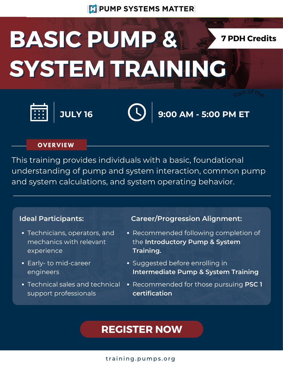 HIpumps's tweet photo. Basic Pump &amp; System Training is a week away.

🗓️ July 16  | ⏰ 9:00 AM - 5:00 PM ET | 🎓 7 PDH Credits

Increase your understanding of pump and system interaction, common calculations and operating behavior. Register Now: https://t.co/QrbGR0GrkI https://t.co/XcRbzDjEg5