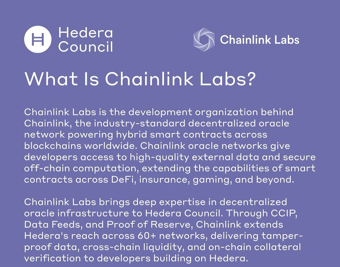 RealAllinCrypto's tweet photo. 🚨 $HBAR 🤝 $LINK

This recent post from @hedera highlights @chainlink Labs as a Council member helping bridge TradFi and DeFi with CCIP, Data Feeds and Proof of Reserve.

Together they’re building the enterprise stack for tokenised assets, cross-chain liquidity and real-world corporate adoption.