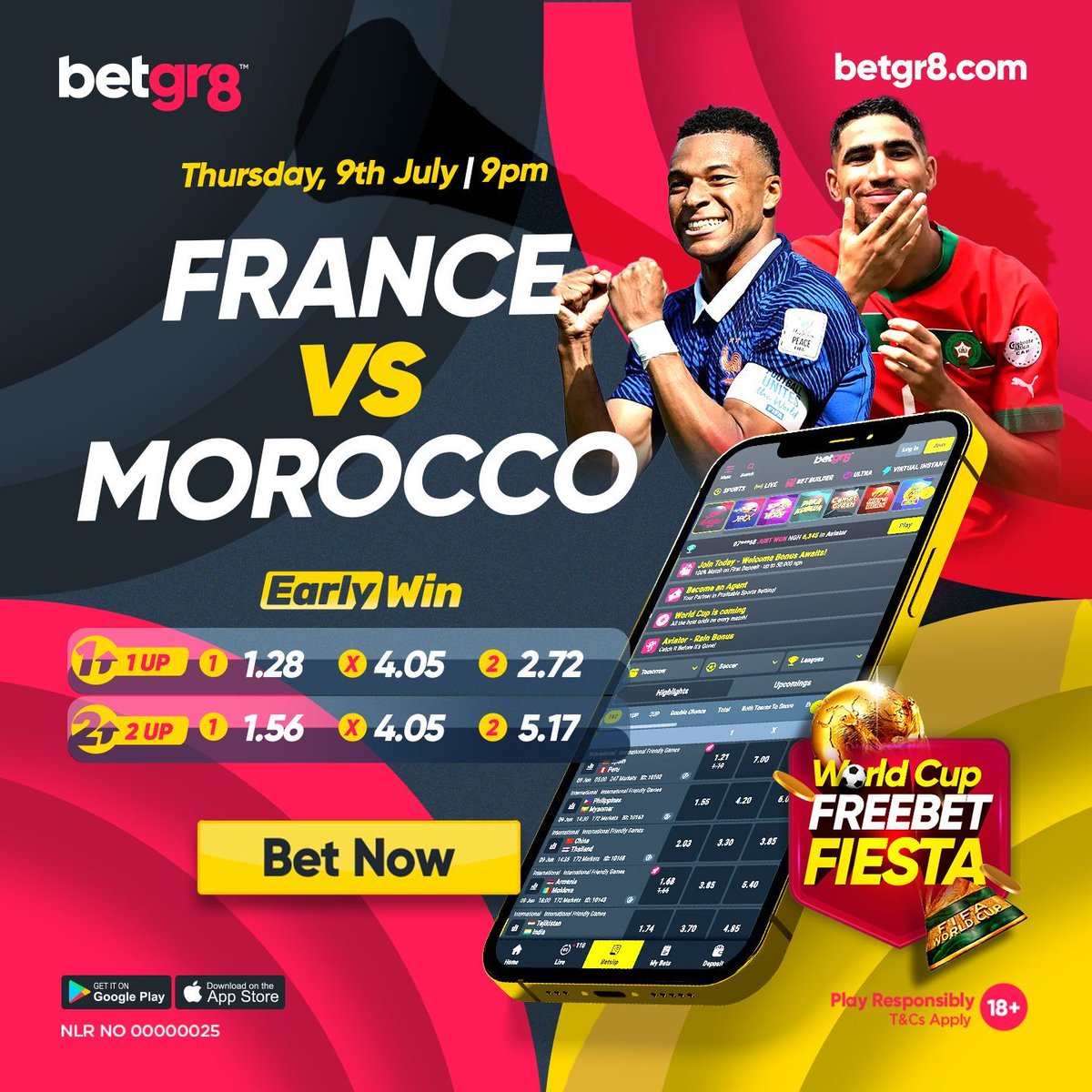 Betgr8Nigeria's tweet photo. ⚽ QUARTER FINALS 🔥
🇫🇷 FRANCE vs MOROCCO 🇲🇦
Back your team with 1UP or 2UP and win early!💰️
Play Now 👉 https://t.co/Auzkjp3Gd2
Be Great, Bet GREAT!
18+ | #BetGr8 #WorldCup #winbig https://t.co/2acfKCacgK
