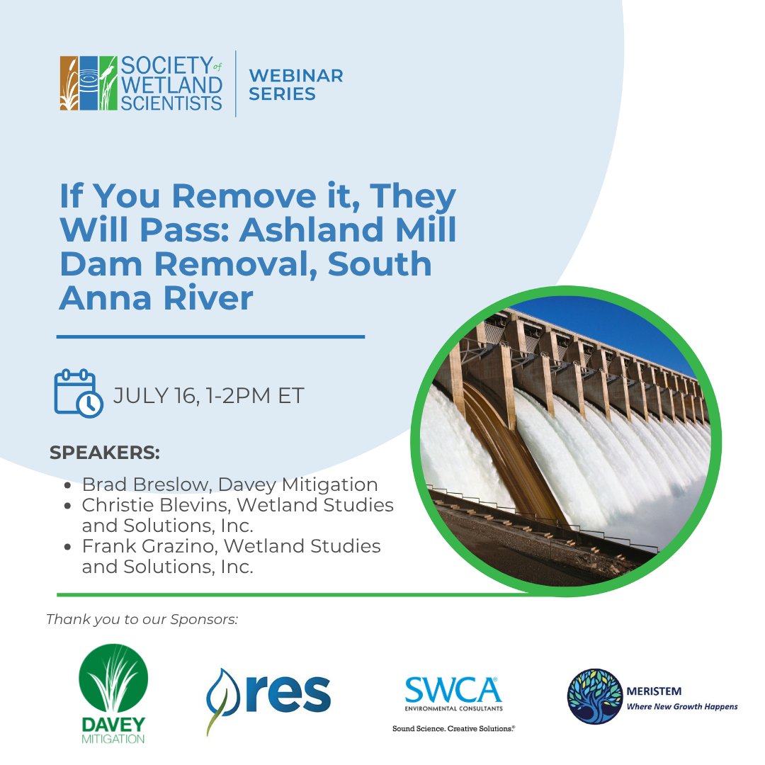 SWS_org's tweet photo. 🌊 How does dam removal improve river connectivity and ecosystem health?
Join the SWS July Webinar: If You Remove It, They Will Pass: Ashland Mill Dam Removal, South Anna River on July 16 at 1 PM ET.
Register: https://t.co/q2X9gPd0fZ
#SWS #WetlandScience #DamRemoval https://t.co/ohz69hoyjh