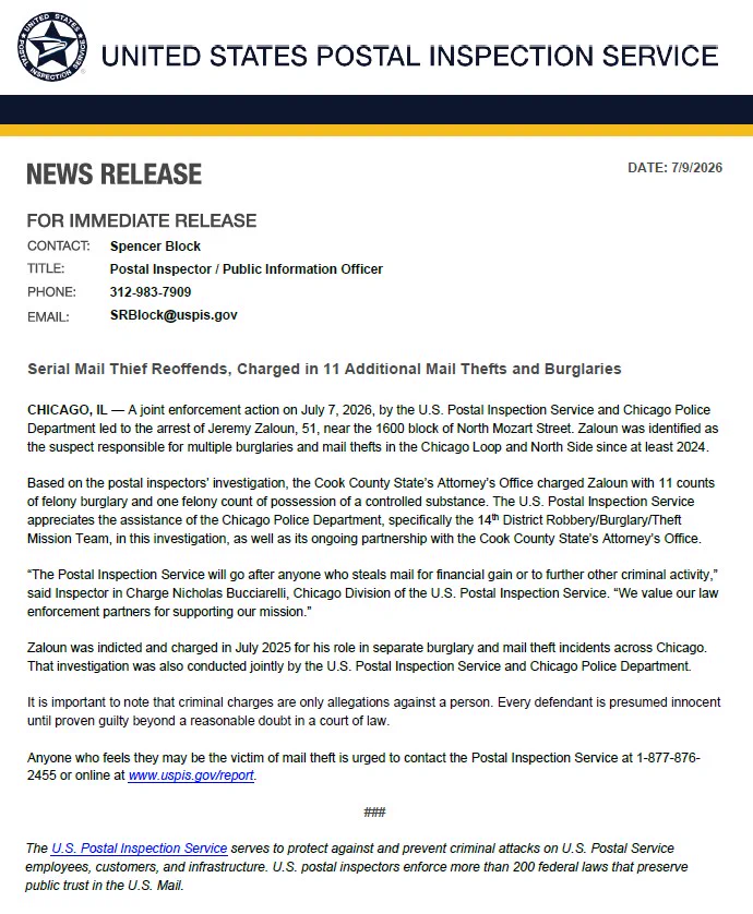 USPIS Chicago Division Press Release - Serial Thief Reoffends, Charged in 11 Additional Mail Thefts and Burglaries