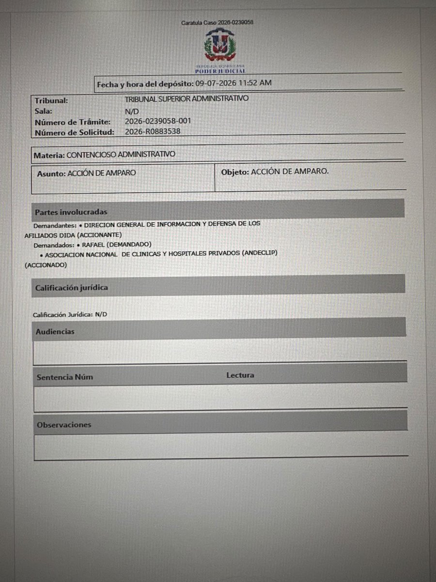 Eliasbaezd's tweet photo. Hemos depositado ante los tribunales, un Recurso Constitucional de Amparo en favor de todos los afiliados de la seguridad social, por las pretensiones de las clínicas de querer vulnerar el derecho constitucional a la salud.

La @DIDA_RDo fue creada para defender y es nuestro deber actuar.