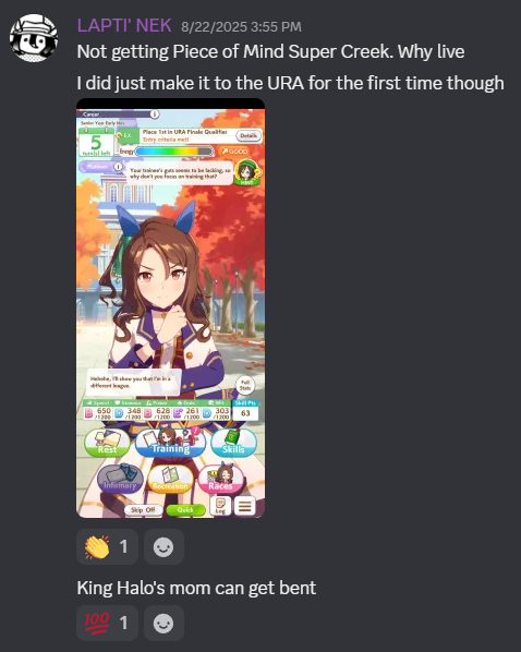 Discord message saying 'I did just make it to the URA for the first time though' with a screenshot of King Halo training for the URA Finale Qualifier. Spoilers: I did not make it past the semifinals.