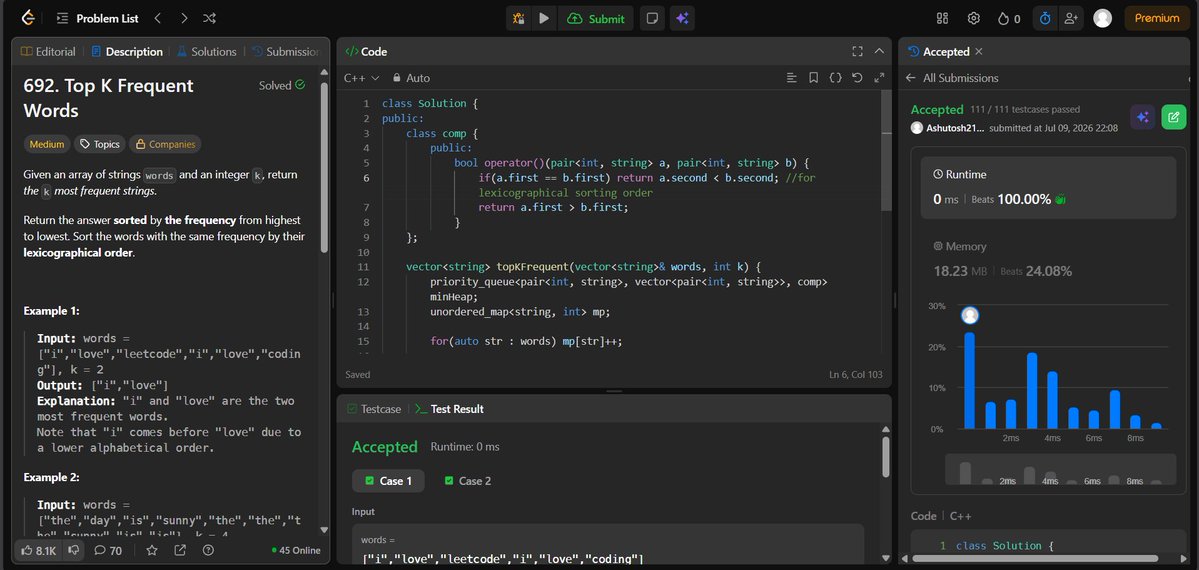 AshutoshP2128's tweet photo. π» Day-239/365 series of Consistent-Coding-Daily-DSA! π»
β
Top K Frequent Words (Leet Code - 692)
πΎ Code Repository: https://t.co/PKHthHAgZx
#365DaysOfDSA #DSA #LeetCode #GeeksforGeeks #CodingChallenge #ProblemSolving #Consistency #CodeEveryday https://t.co/XsC5eGioT3