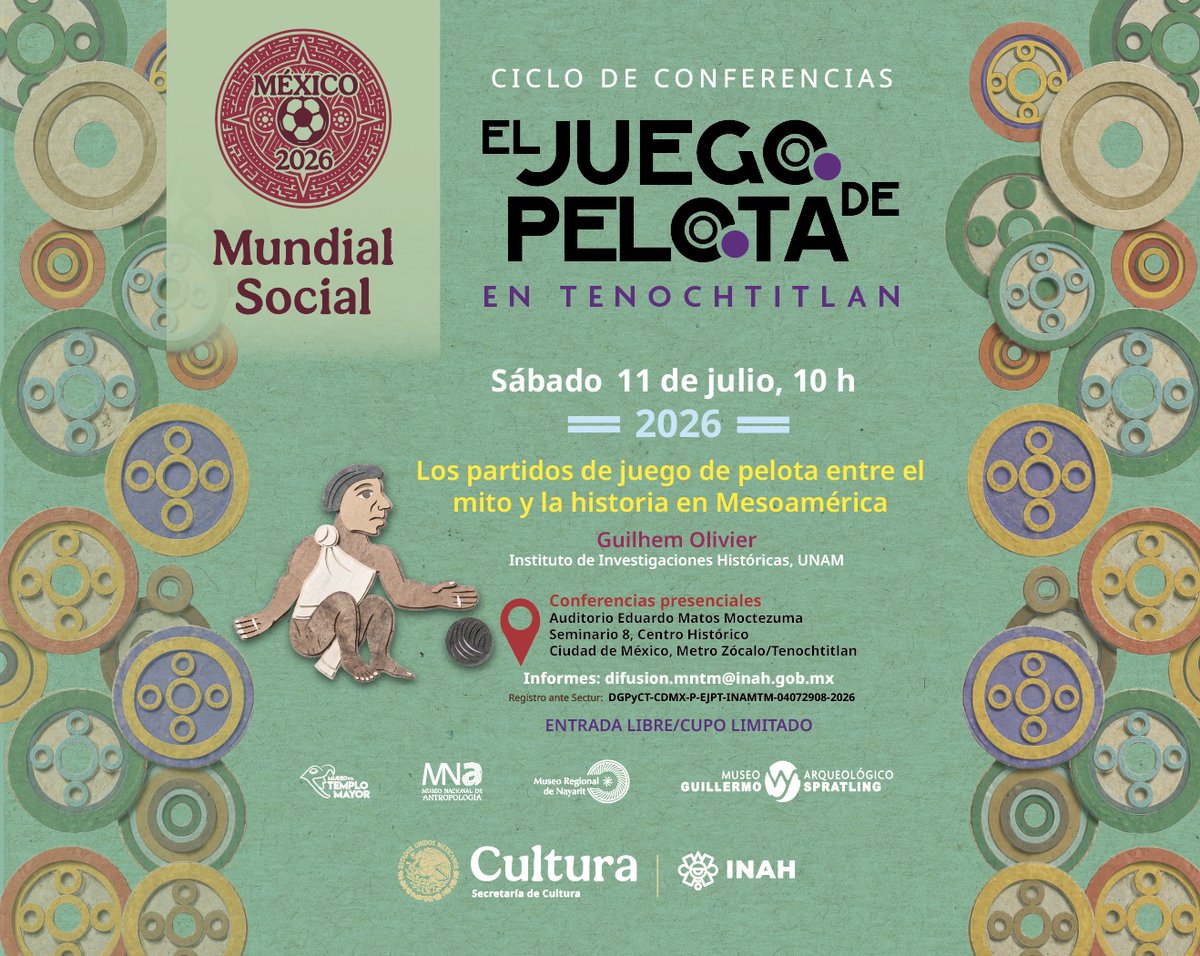 MusTemploMayor's tweet photo. 🗣️ Este sábado acompaña al doctor Guilhem Olivier quien nos revelará los secretos de "Los partidos del juego de pelota, entre el mito y la historia".
¡No te lo pierdas!
🎟️Entrada libre, cupo limitado
#JuegoDePelota #Teotlachco https://t.co/H3734eH1Oq
