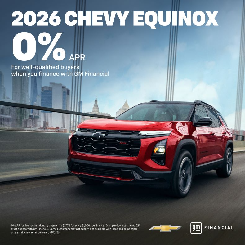 ChevyHicksville's tweet photo. Bold performance and massive financial savings come together perfectly on our lot today. ️ You can secure 0% APR financing for 36 months through GM Financial when you choose a brand-new 2026 #ChevyEquinox. https://t.co/wmLUFxI0S6