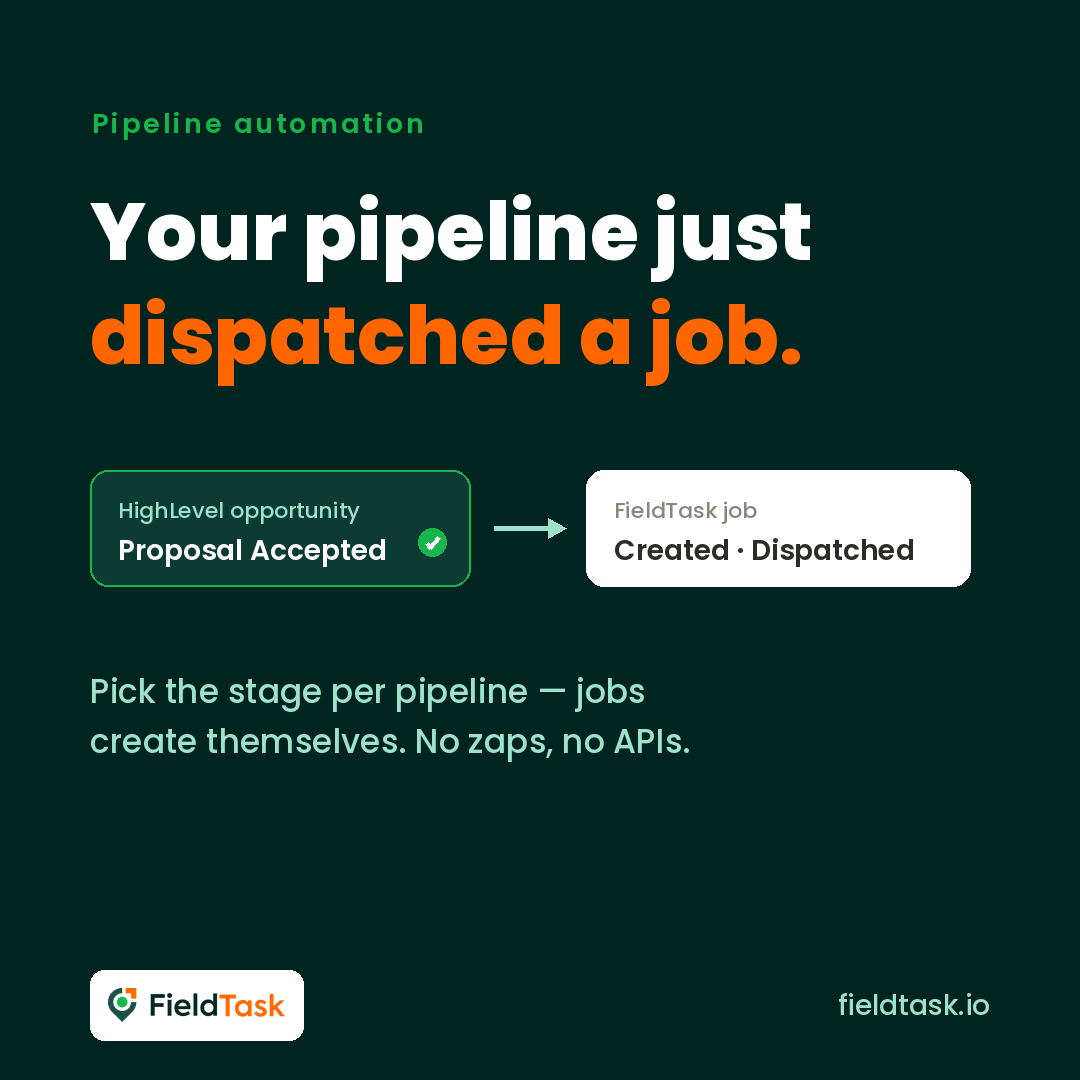 fieldtask's tweet photo. Your HighLevel pipeline can dispatch field jobs now.
Pick the stage โ "Proposal Accepted," whatever fits โ and the moment an opportunity hits it, the job is created and sent to your tech's phone.
No zapier. No custom API build.
#HighLevel #GoHighLevel #FieldTask https://t.co/cmGfGDkvcY