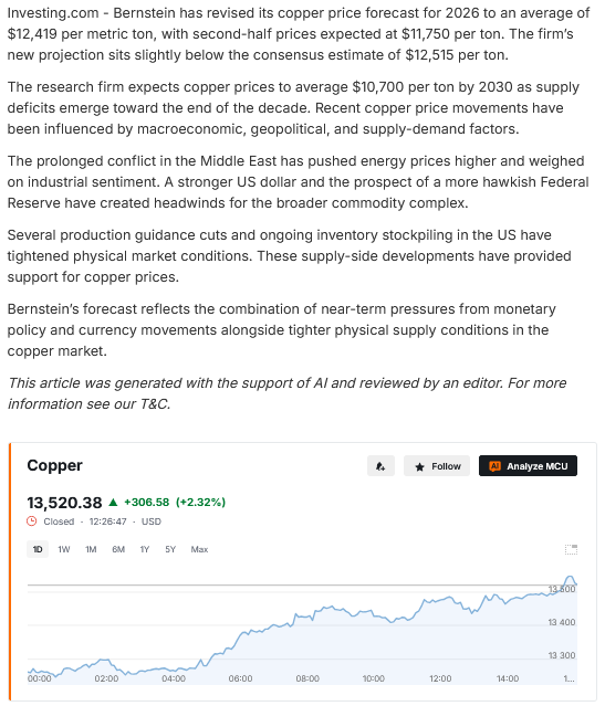 fRhMzgNaee5588's tweet photo. Yo copper crew, Bernstein just gave the market another reason to keep copper on the radar.

Why does this matter?

They forecast copper averaging $12,419 per metric ton in 2026, with H2 around $11,750. Even with macro pressure from the dollar, rates and energy costs, the physical market still looks tight because mine guidance keeps getting cut and U.S. inventory stockpiling continues.

That is the exact backdrop where $NRED / $NREDF gets interesting. NovaRed has Wilmac in BC, copper-gold-platinum exposure, and MetalCore AI helping sharpen exploration targets.

Copper supply is the story. Better discovery tools are the angle.

DYOR, I’m just watching.

$PMEC $WPRT $UUUU $CUPR