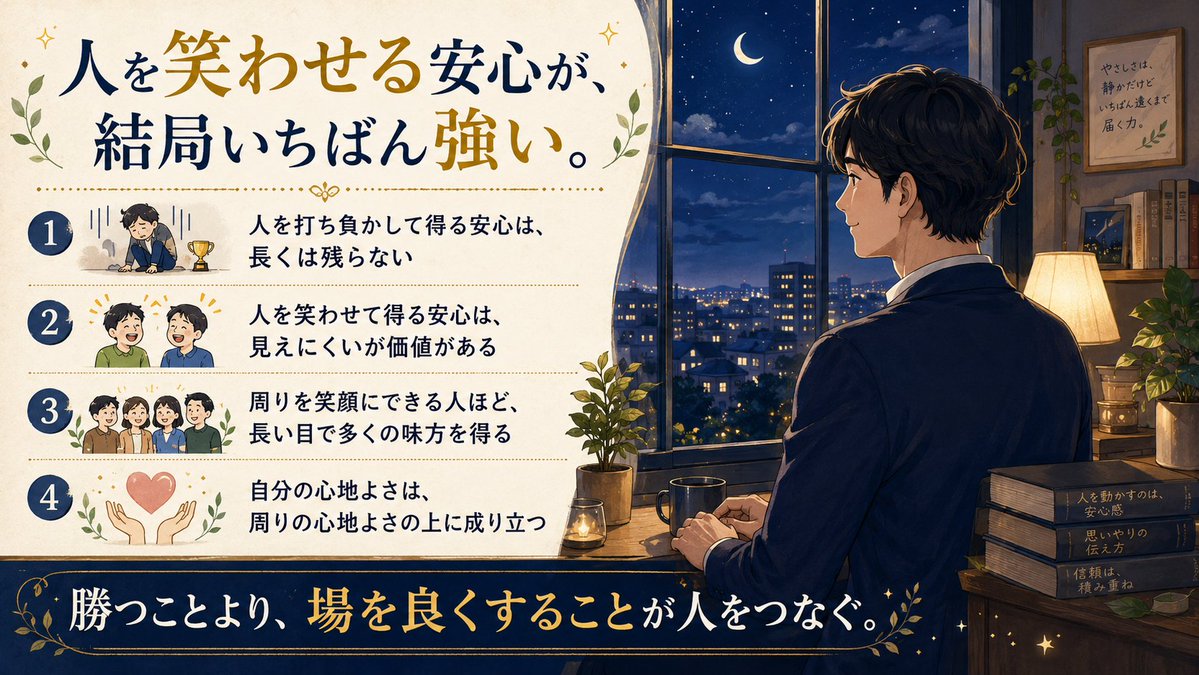 shogo_sales_sns's tweet photo. 人を打ち負かして得る安心と、人を笑わせて得る安心は、似ているようで全く別物だと思っている。

前者は一時的に勝った気になれるけれど、後には何も残らない。
後者は得るものが目に見えないぶん、軽んじられがちだと思う。

でも長い目で見ると、周りを笑わせられる人の方が、結局多くの味方を得ている。

競争に勝つことと、場を良くすることは、両立しないわけではないが、優先順位を間違えると人が離れていく。

自分が心地よくいるためには、周りが心地よくいる必要がある。

この順番を大切にしたいと、ずっと思っている。🌙