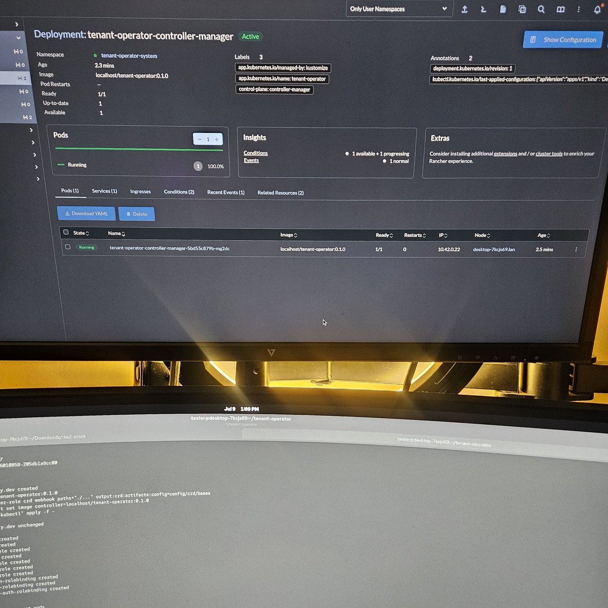 AgeOfJayy's tweet photo. Finally finished my multi-tenant operator in Go (Kubebuilder/controller-runtime) turns a single Tenant CR into an isolated namespace, enforces tiered CPU/memory/pod quotas, Pod Security compliance profiles, allowed-registry policy, and admin RBAC. Next is getting my log tool and ELK deployed