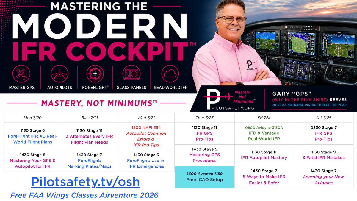 PilotSafetyOrg's tweet photo. @EAA @ForeFlight @Avidyne @GarminAviation Free Wings Classes Announced for #AirVenture #OSH26 https://t.co/inkOjf1vG5