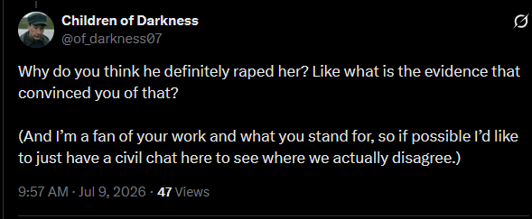 TrevorSpaeth's tweet photo. @DropSiteNews @of_darkness07 as of 12 minutes ago he's still doing this, does @DropSiteNews or @ryangrim care at all that their social media guy is using ryan grim's coverage to defame and deny a victim's trauma? https://t.co/krAIJktYPX