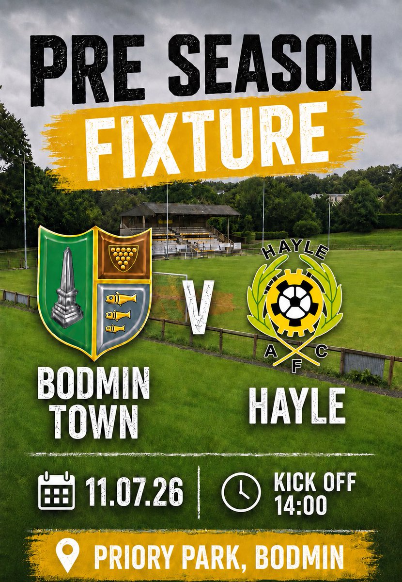 FCBodminTown's tweet photo. Change of team for Saturday, we now play Hayle 1st🖤💛 https://t.co/9Wk41DjbgX