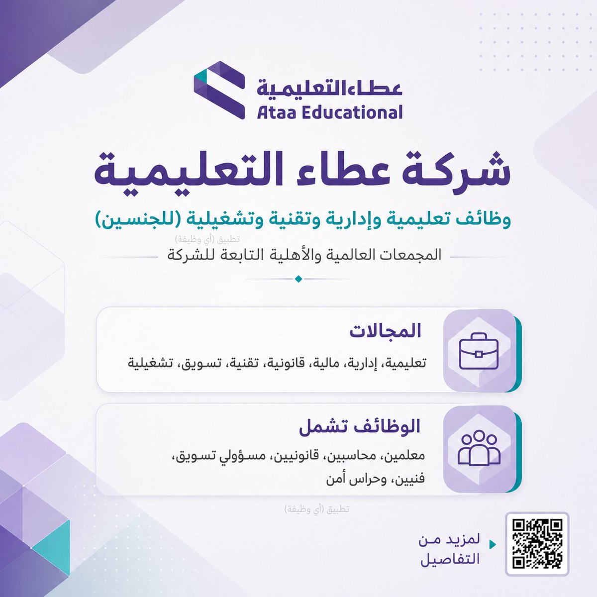 ewdifh's tweet photo. (🔴) فتح التوظيف التعليمي والإدار�� لدى شركة عطاء التعليمية (للجنسين):

⭐️ المجالات (تعليمية، إدارية، مالية، قانونية، تقنية، تسويق، تشغيلية).
⭐️ الوظائف تشمل (معلمين، محاسبين، قانونيين، مسؤولي تسويق، فنيين، حراس أمن).

https://t.co/8F1ARnmOhw https://t.co/PdjvVe2EWp