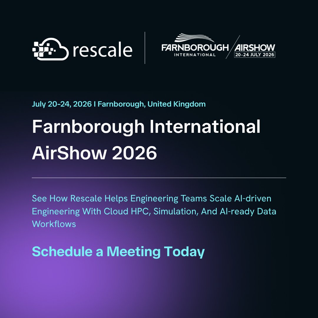RescaleInc's tweet photo. Aerospace teams are being asked to move faster with fewer resources while making more design decisions earlier in the programme lifecycle.

At Farnborough International Airshow 2026 next week, Rescale is meeting with aerospace and defence teams to talk about a practical path to AI-first engineering, connecting simulation, data, AI, and HPC in one workflow to automate manual work, expand design exploration, and improve engineering productivity without disrupting trusted tools and processes.

Boom Supersonic is a strong example of what this can look like in practice. Boom simulated its XB-1 entirely on Rescale, used cloud HPC to run highly compute-intensive jobs in minutes to hours, and enabled each engineer to evaluate 100 design configurations at once with more than 6x speedup versus a typical workstation.

If you’ll be at Farnborough on July 20–24 in Farnborough, UK, come meet the Rescale team onsite.

Learn more: https://t.co/CIq5K31BkG

#FIA2026 #FarnboroughAirshow #Aerospace #Engineering #Simulation #HPC #AI #DigitalEngineering