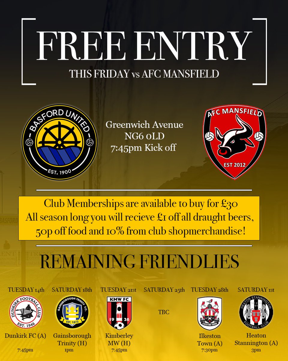 Basfordutdfc's tweet photo. ⚽️ 𝐅𝐑𝐄𝐄 𝐄𝐍𝐓𝐑𝐘 𝐅𝐑𝐈𝐃𝐀𝐘 𝐍𝐈𝐆𝐇𝐓!

Friday nights game against @AFCMansfield will be 𝐅𝐑𝐄𝐄 𝐄𝐍𝐓𝐑𝐘 for everyone. 

📺 We will also be showing the World Cup Quarter-Final between 🇪🇸 Spain and Belgium 🇧🇪 live in the clubhouse from 8pm. 

See you tomorrow, Ambers! 💛

#𝐂𝐎𝐘𝐀 || #𝐔𝐓𝐀