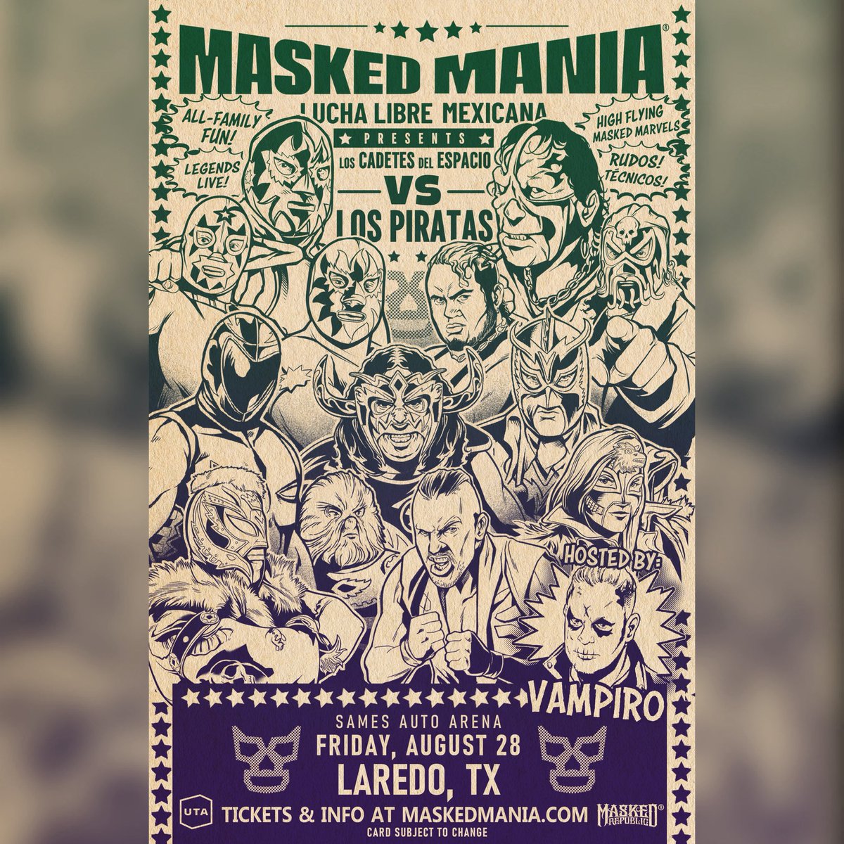 maskedrepublic's tweet photo. Laredo, TX! @maskedmanialive arrives at @LaredoArena on Friday, August 28th. All tickets include a free meet &amp; greet with the stars including @vampiro_vampiro @PsicosisOficial @tinieblasjrfull &amp; Alushe, Ultimo Dragon, Solar y muchos mas! Tickets on sale now. https://t.co/m15NL1FdAo