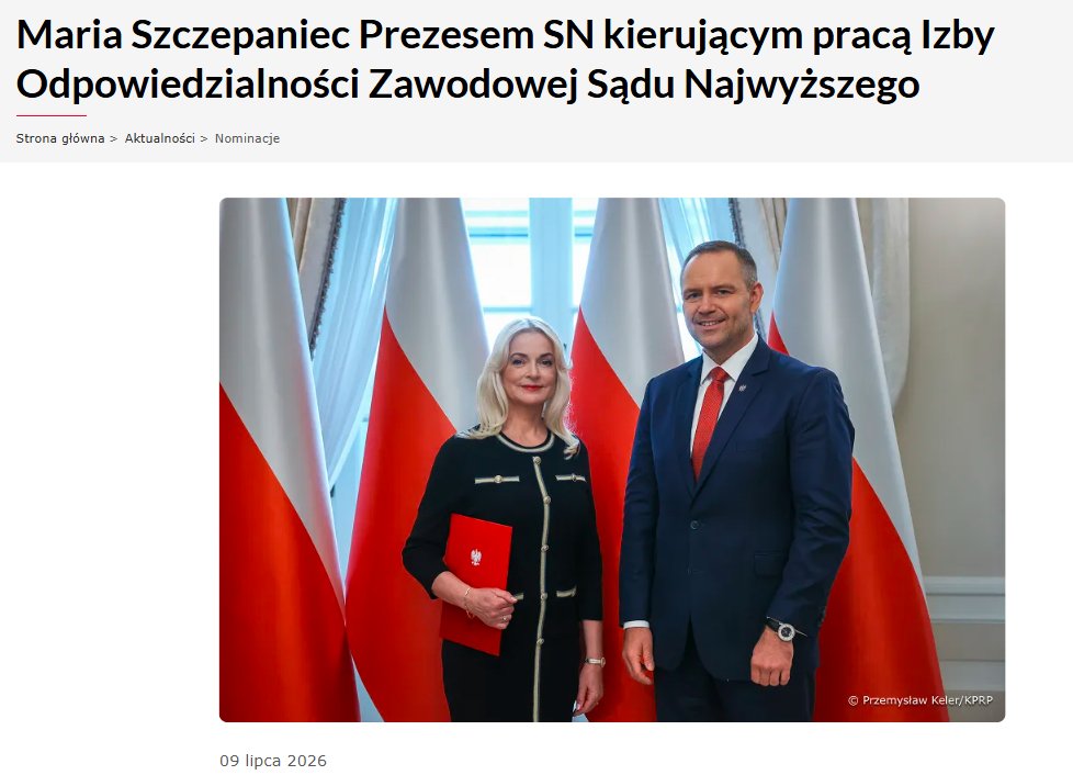 GasewiczJarek's tweet photo. Na stronie KPRP pojawił się komunikat o powołaniu zaufanej towarzyszki Marii Szczepaniec na prezesa SN kierującego Izbą Odpowiedzialności Zawodowej.
Problem w tym, że ona jest wprawdzie zaufaną towarzyszką wypełniającą polecenia PiS, ale nie jest legalnie powołaną sędzią SN.
To neosędzia z pierwszego zaciągu neosędziów do SN, powołana 10.10.2018. Nigdy wcześniej nie była sędzią, ale prawo zna, więc jest świadoma nielegalności swojego powołania.