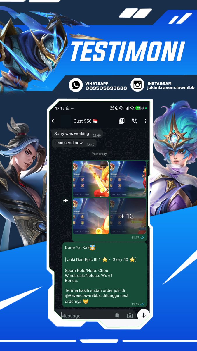 Ravenclawmlbbs's tweet photo. Done Joki ML

2533. Legend II 2 ★ -  Legend I 4 ★ Nolose
2534. Epic III 1 ★ -  Glory 50 ★ 
2535. Legend III 5 ★ -  Mythic ★ 
2536. Mythic 3 ★  Nolose 

#testiravenclawjoki #jokiml https://t.co/Ggdh1C1ERM