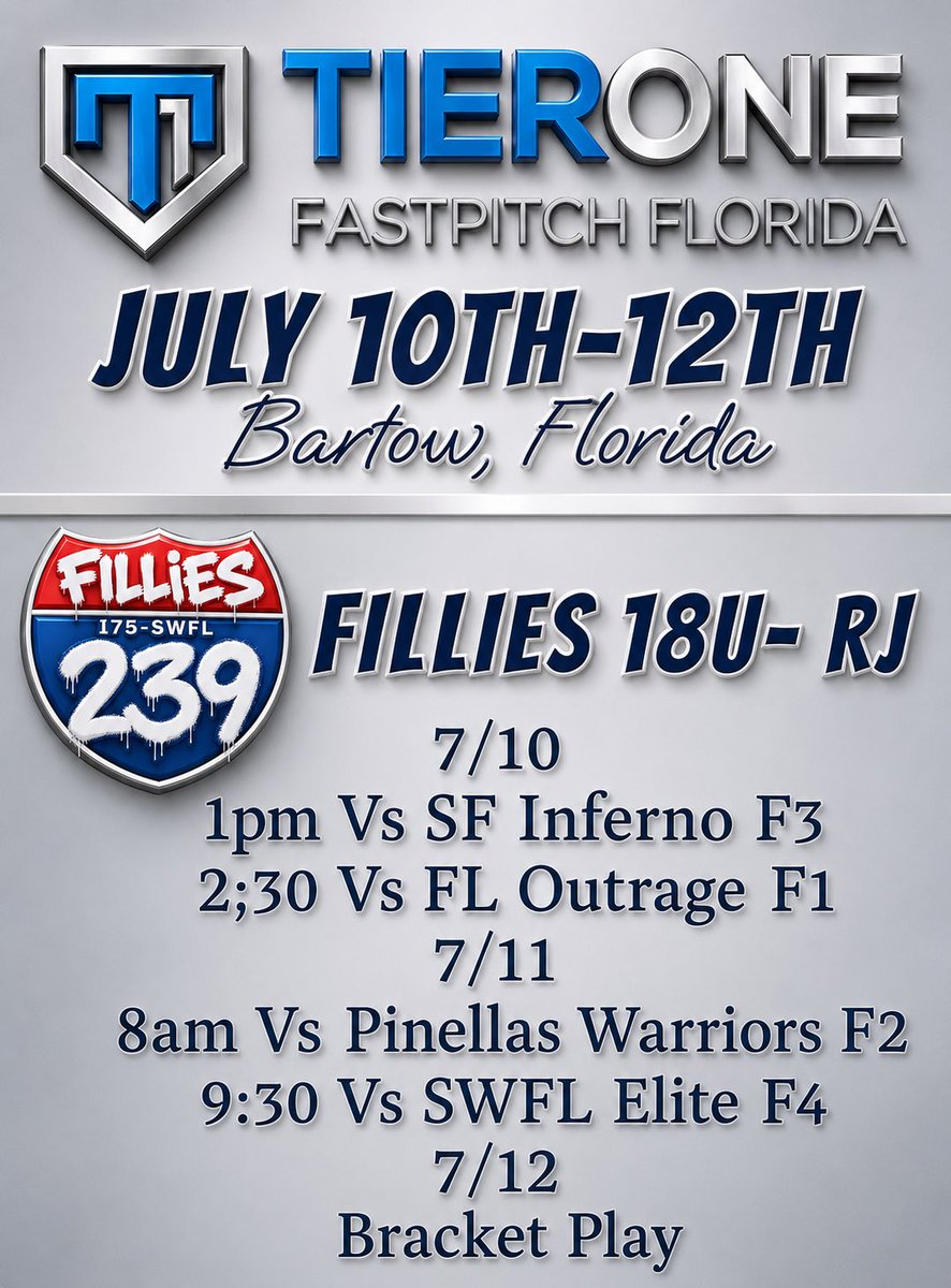 FilliesRed's tweet photo. Looking forward to getting back on the fields with @TierOneFlorida this weekend in Bartow, Fl! 2027's and 2028's looking for the opportunity to play at the next level. Schedule below ⬇️ https://t.co/30ZdWWgLyK