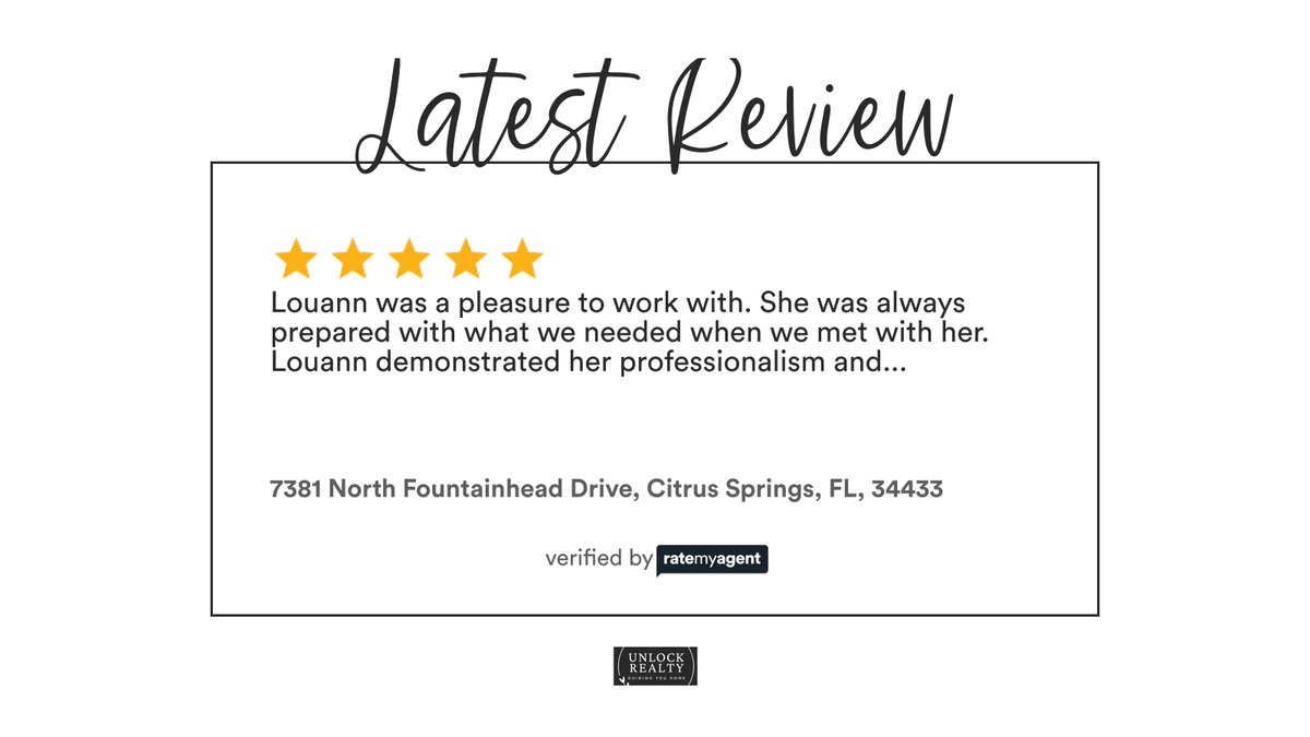 louannpapp's tweet photo. My latest  review in Citrus Springs.
Real Estate Agent SL3490989
https://t.co/E3ZqRab6VP

...
#ratemyagent #realestate #st_Class_Real_Estate_Premier_Gr★★★★★RateMyAgentoup https://t.co/ti0QEsPWfu