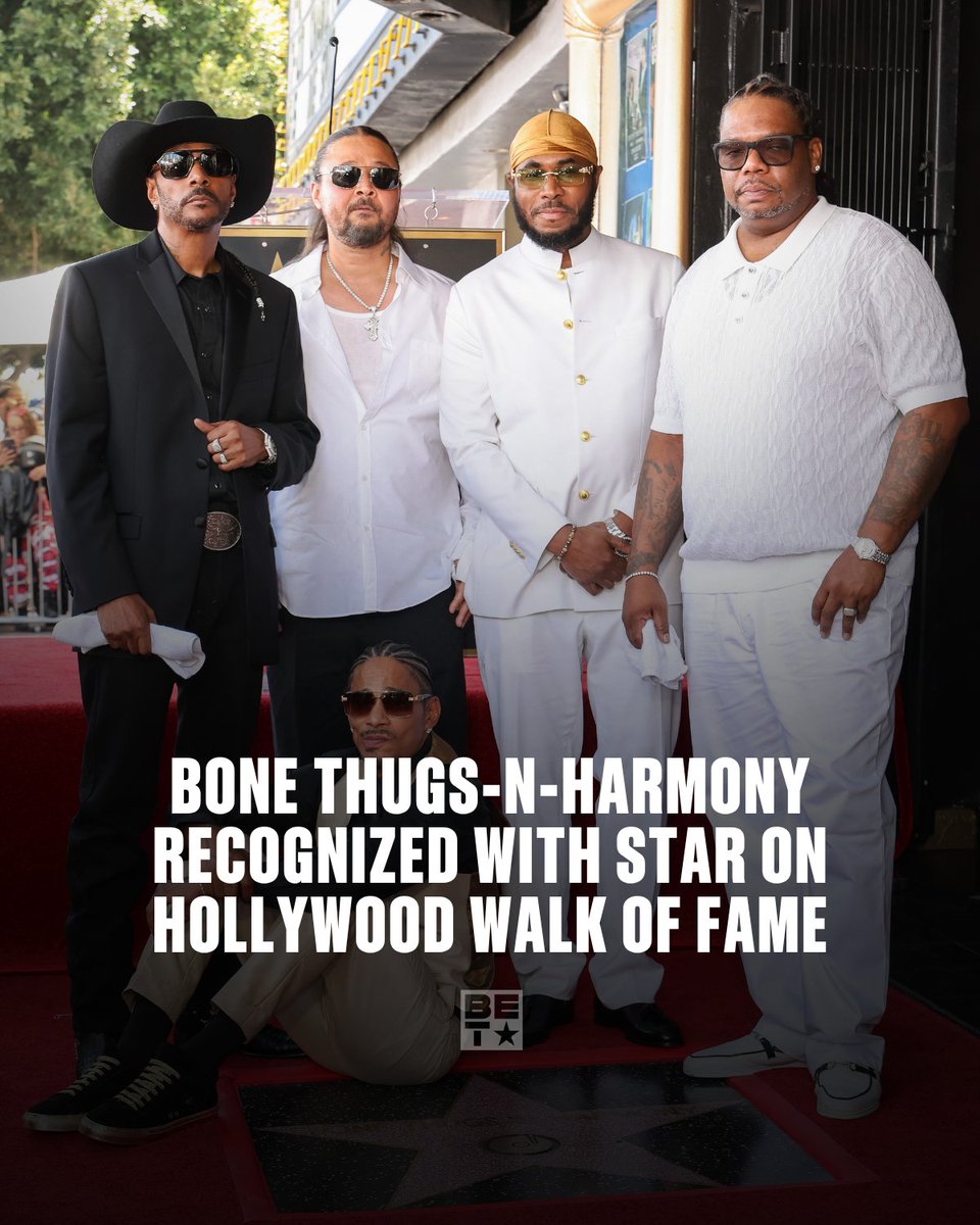 BET's tweet photo. 35 years. Three No. 1 albums. A Grammy. And now a star on the Hollywood Walk of Fame. Congratulations to Bone Thugs-N-Harmony https://t.co/6cDYUftUcv