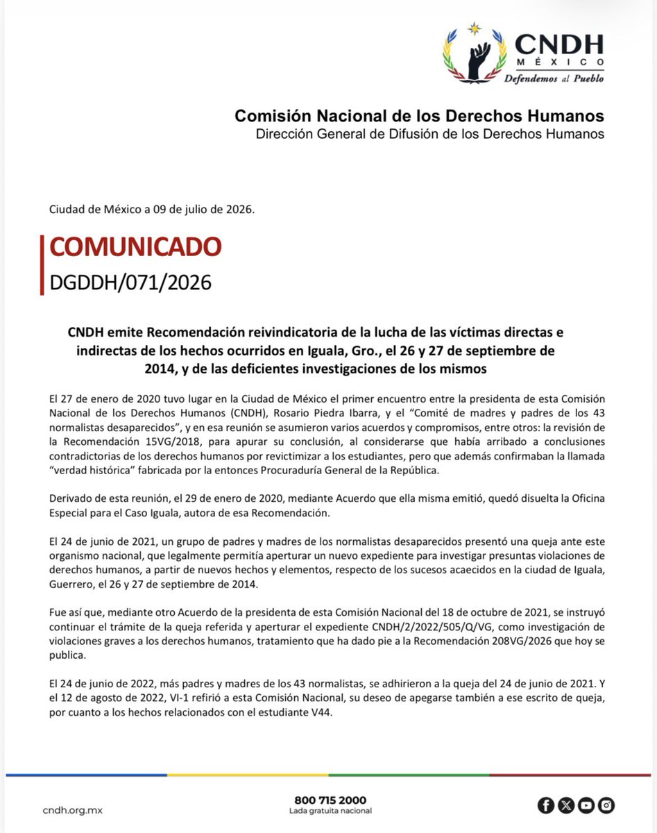 CNDH's tweet photo. Mediante la #Recomendación 208VG/2026, acreditamos violaciones graves a los derechos humanos de 92 estudiantes de la Escuela Normal Rural “Raúl Isidro Burgos” de Ayotzinapa, así como deficiencias en las investigaciones relacionadas con los hechos ocurridos en Iguala, Guerrero, en 2014.

#DefendemosAlPueblo