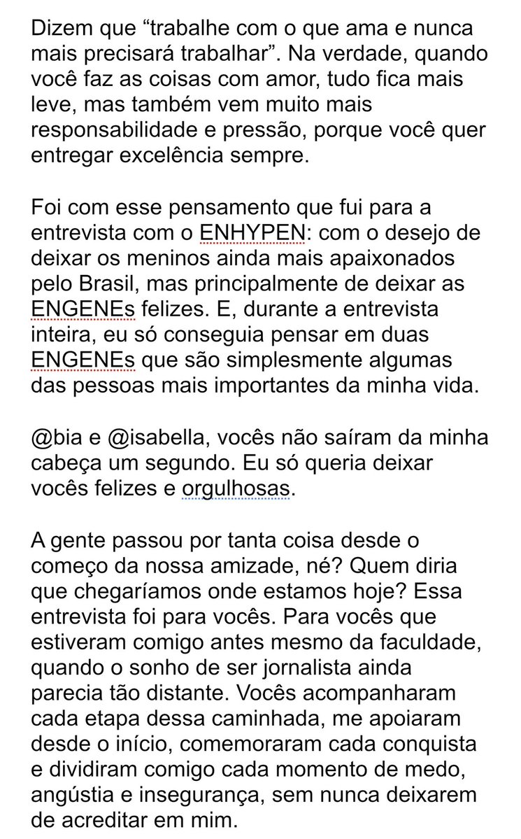 bialopesilveir4's tweet photo. Essa entrevista com o ENHYPEN também é de vocês, @wincheskerr e @isapurcinelli 💙 Vocês estiveram comigo antes mesmo da faculdade, quando o sonho do jornalismo ainda parecia distante. Espero ter deixado vocês felizes e orgulhosas, como vocês me deixam todos os dias ❤️#ENHYPEN https://t.co/pJnmkchLx2