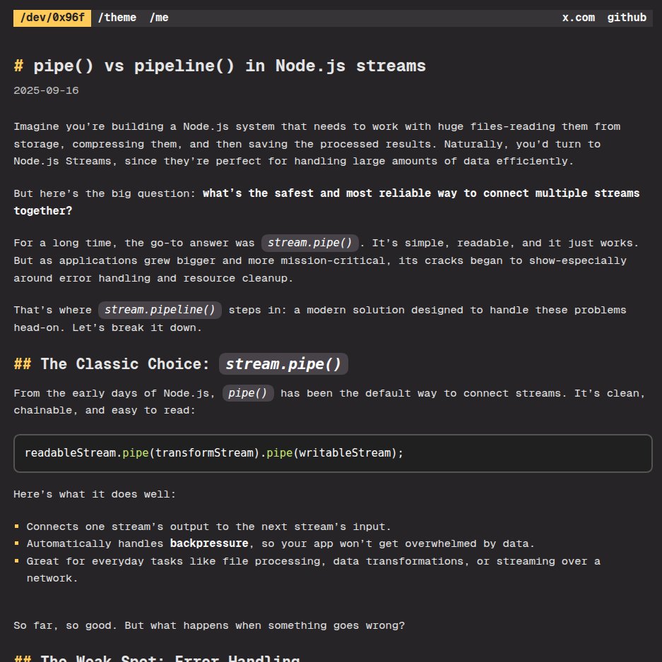 ITx_prash's tweet photo. #LSPPDay39 node streams: swapped manual backpressure for `pipe()`. learned why `pipeline()` is preferred (handles error cleanup to avoid memory leaks). 'll switch to implementation phase of our ai project starting tomorrow @lftechnology #60DaysOfLearning2026 #LearningWithLeapfrog https://t.co/ZlQb3Jh2ZN