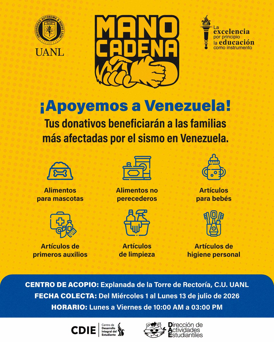 uanl's tweet photo. La #UANL instaló centros de acopio 📦 en sus facultades, preparatorias 🏫 y la Explanada de Rectoría 🏢 para reunir ayuda humanitaria destinada a las familias afectadas por el sismo en Venezuela 🇻🇪, como parte de la campaña Mano Cadena 🤝💙.

Conoce más ➡️ https://t.co/tVPenmO0x7 https://t.co/YrmZHrZxci