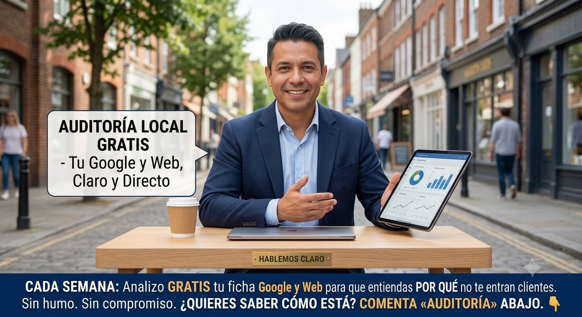 WebFanatico's tweet photo. Cada semana reviso gratis la ficha de Google y la web de un negocio local, y le digo sin humo por qué no le está entrando gente por internet.
Sin compromiso. Sin permanencia. 
Si tienes un negocio de aquí y quieres saber cómo estás, comenta «AUDITORÍA» 👇
#LocalSEO https://t.co/vYLA2xUkJa