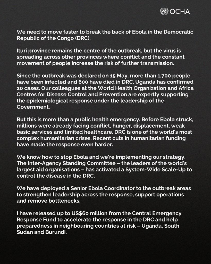 UNReliefChief's tweet photo. We know how to stop Ebola. We have a plan and the people to deliver it.

To deliver we need full access and more investment in preparedness.

Any delay will be measured in lives lost. https://t.co/dk2J0tadrG