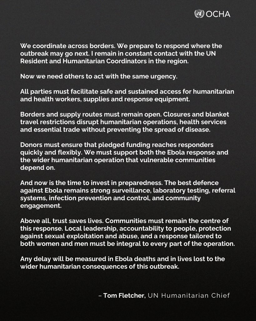 UNReliefChief's tweet photo. We know how to stop Ebola. We have a plan and the people to deliver it.

To deliver we need full access and more investment in preparedness.

Any delay will be measured in lives lost. https://t.co/dk2J0tadrG