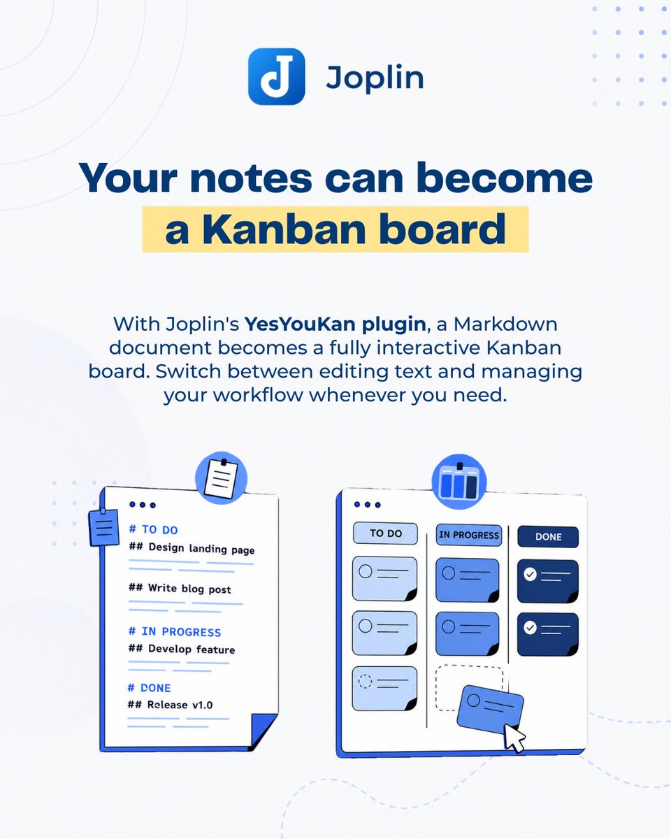 joplinapp's tweet photo. Your notes can become a Kanban board. 📋

With Joplin's YesYouKan plugin, you can turn a Markdown note into an interactive Kanban board, organize tasks with drag and drop, and switch back to the original note anytime.

One note. Two ways to work.

#Joplin #Productivity https://t.co/oBZvQpxNf3