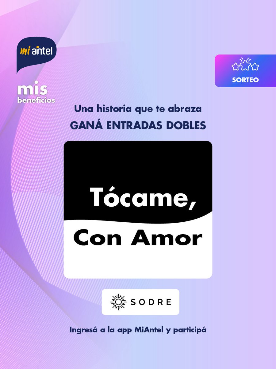 AntelDeTodos's tweet photo. En “Tócame, Con Amor”, la danza, la música y la emoción se transforman en un lenguaje que conecta con lo más humano. Una propuesta del Ballet Nacional del Sodre que invita a descubrir el poder de la conexión a través del movimiento.
Sumate a esta experiencia y participá por entradas dobles para disfrutar de este espectáculo en el Auditorio Nacional Adela Reta. 🎭✨
 
📅 Funciones: 14 y 15 de julio 🎁 Premios: 25 entradas dobles por función ⏰ Cierre de los sorteos: lunes 13/07 a las 10:30 h
📲 Participá ingresando en la app MiAntel o en https://t.co/ofxsgFyiPb
 Antel. El futuro lo creamos juntos