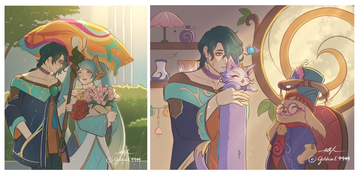 GoldenE4444's tweet photo. I’m doing some artwork of Hwei interacting with other champions!😼 Here’s my first two!! (I’m lazy so they’ll remain color sketch like that;;)
#hwei #sona #yuumi #norra #leagueoflegends https://t.co/rXSWr9vkz0