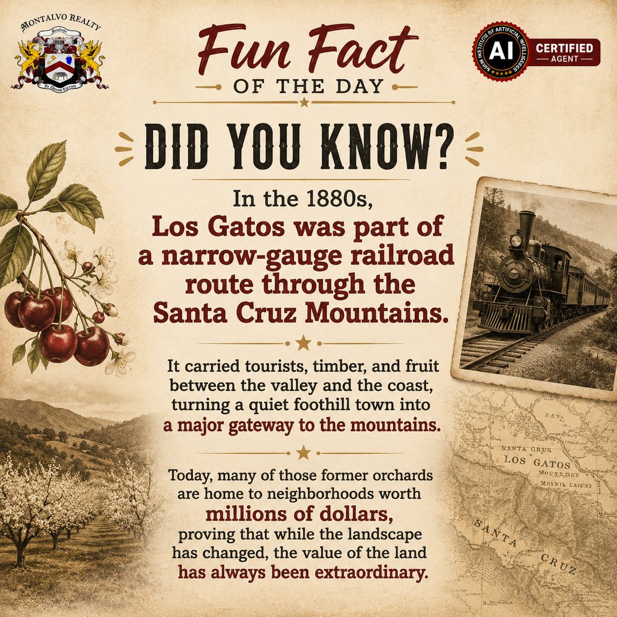 IsmarRealtor's tweet photo. 🚂 Fun Fact:

In the 1880s, Los Gatos was a railroad gateway to the Santa Cruz Mountains.

Today, many of those former orchards are home to multi-million-dollar neighborhoods.

#LosGatos #History https://t.co/KyVCSW9OuV
