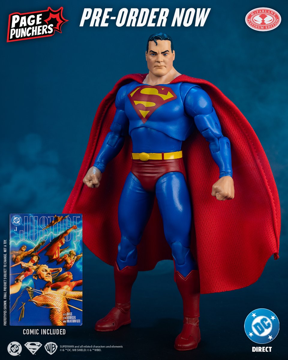 mcfarlanetoys's tweet photo. Superman™  based on the included Justice™ #1 comic is available for pre-order NOW IN-STORES at GameStop! Also available in-stores at Walmart and Target this July. ➡️ https://t.co/6HvnQHN9HS   

7" Red Platinum edition action figure includes extra hands, art card and base  

#McFarlaneToys #PagePunchers #Superman #DCComics #DCDirect