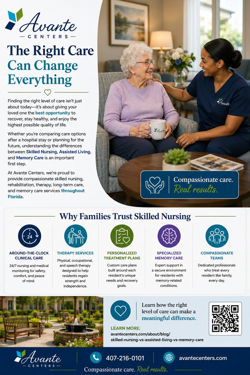 AvanteGroupInc's tweet photo. The Right Care Can Change Everything

Understanding Skilled Nursing, Assisted Living, and Memory Care can help families choose the right support for recovery, long-term health, and quality of life.

https://t.co/LG2WLIAf0K

#AvanteCenters #SkilledNursing #SeniorCare https://t.co/7Nvp7Mef8W