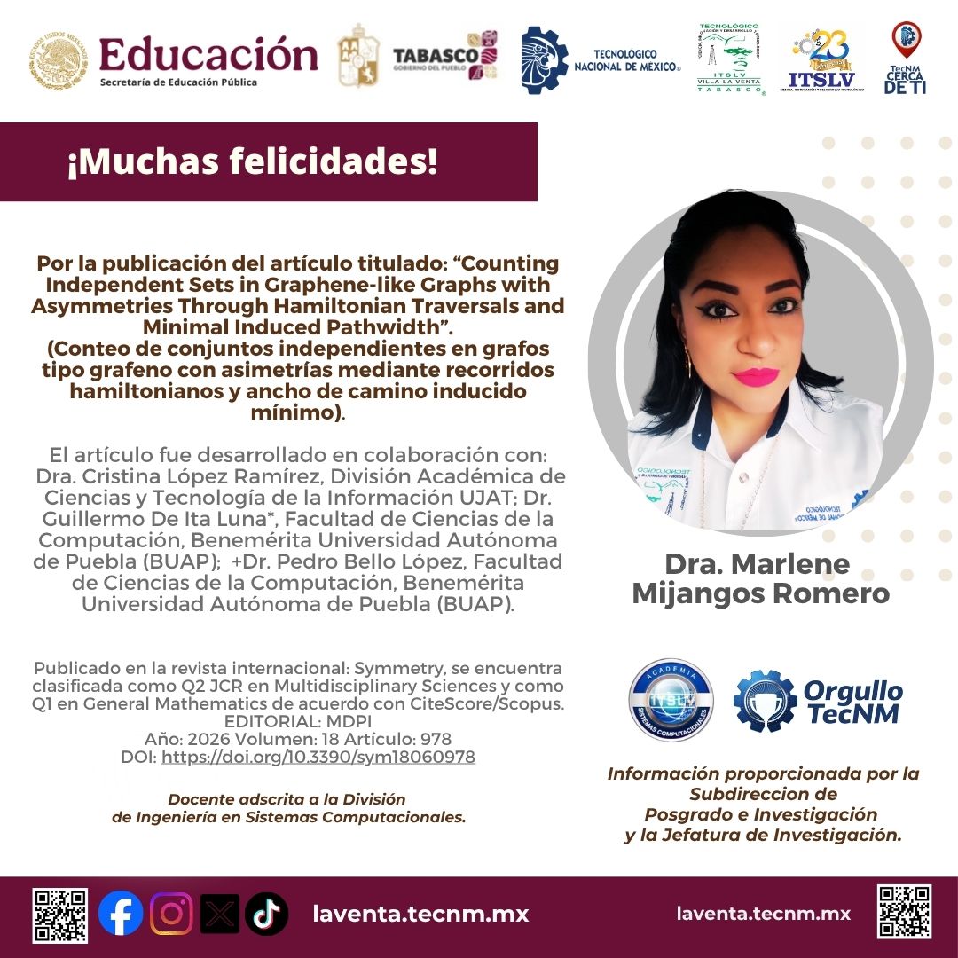 teclaventa's tweet photo. ¡Enhorabuena por este importante logro!. 
👏👏👏👏👏
La Gran Familia del Tec La Venta felicita con orgullo a nuestra apreciada docente la Dra. Marlene por la publicación de su artículo científico, resultado de su dedicación, profesionalismo y pasión por la investigación. https://t.co/eJNArcAqxH